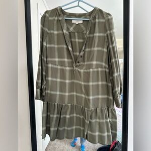 LOFT Green Plaid Long Sleeve Dress
